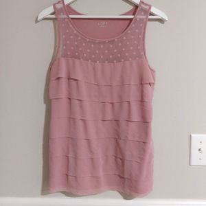 Ann Taylor Loft soft pink sleeveless tiered blouse with polka dot detail…